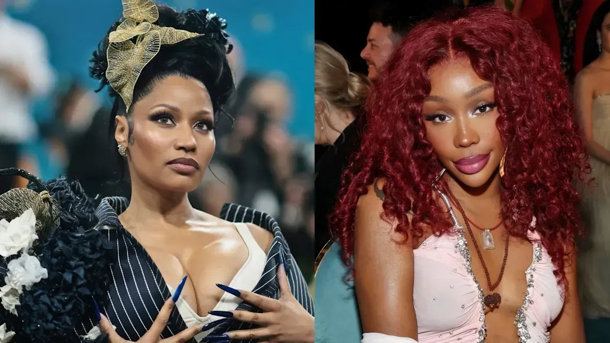 Two side-by-side portraits: left, a woman in a black-and-white dress; right, a woman with curly red hair in a pink top.