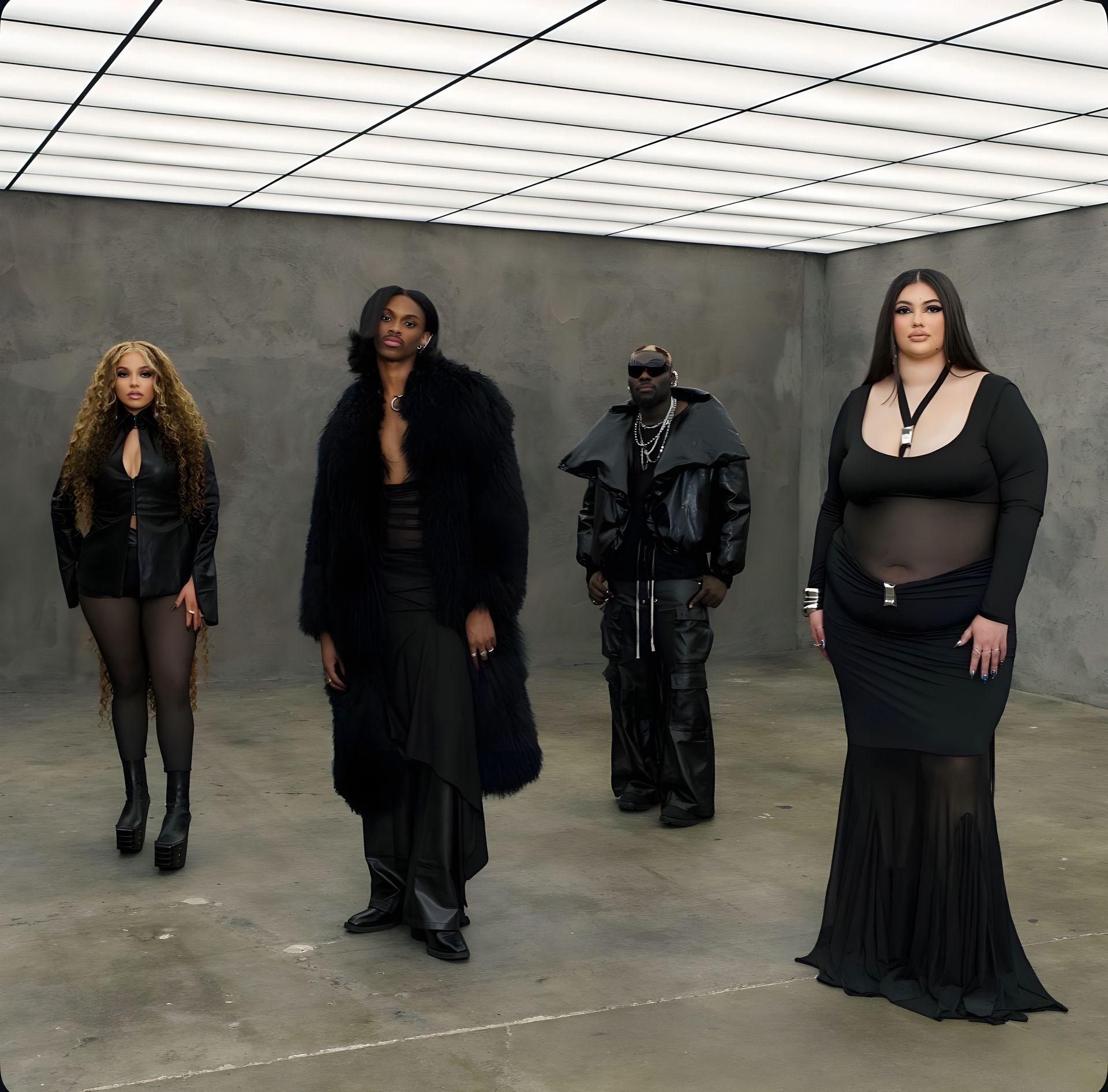 Four people in black outfits standing in a bare gray studio with a grid ceiling.