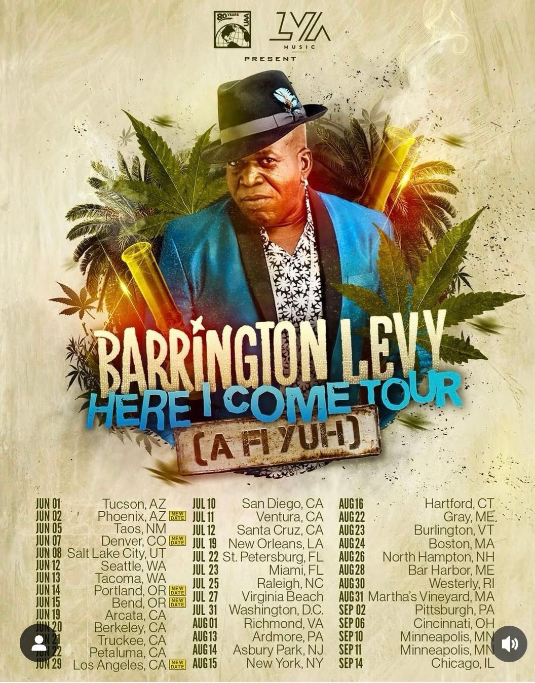 Barrington Levy concert tour poster with portrait, colorful paint splashes, and tour dates below