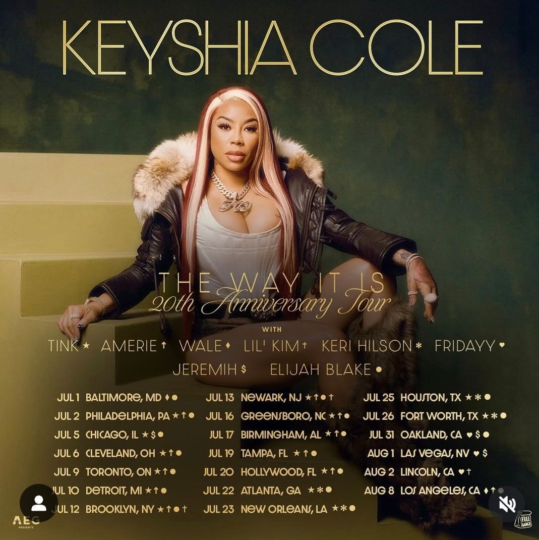 Keyshia Cole tour poster with gold text, seated on a bench in a fur coat, dates listed below.