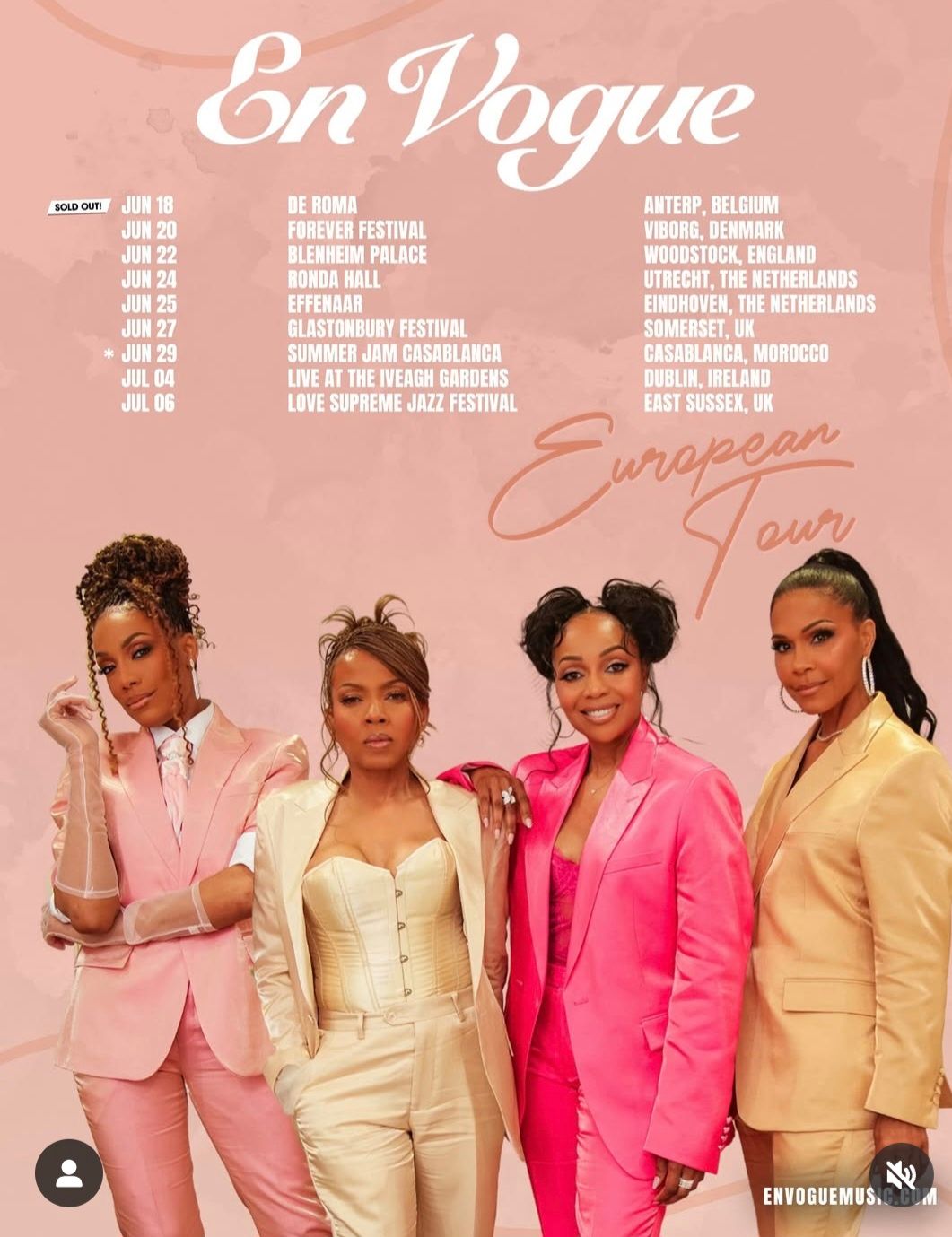 En Vogue promo poster with four women in pink and cream outfits against a peach background