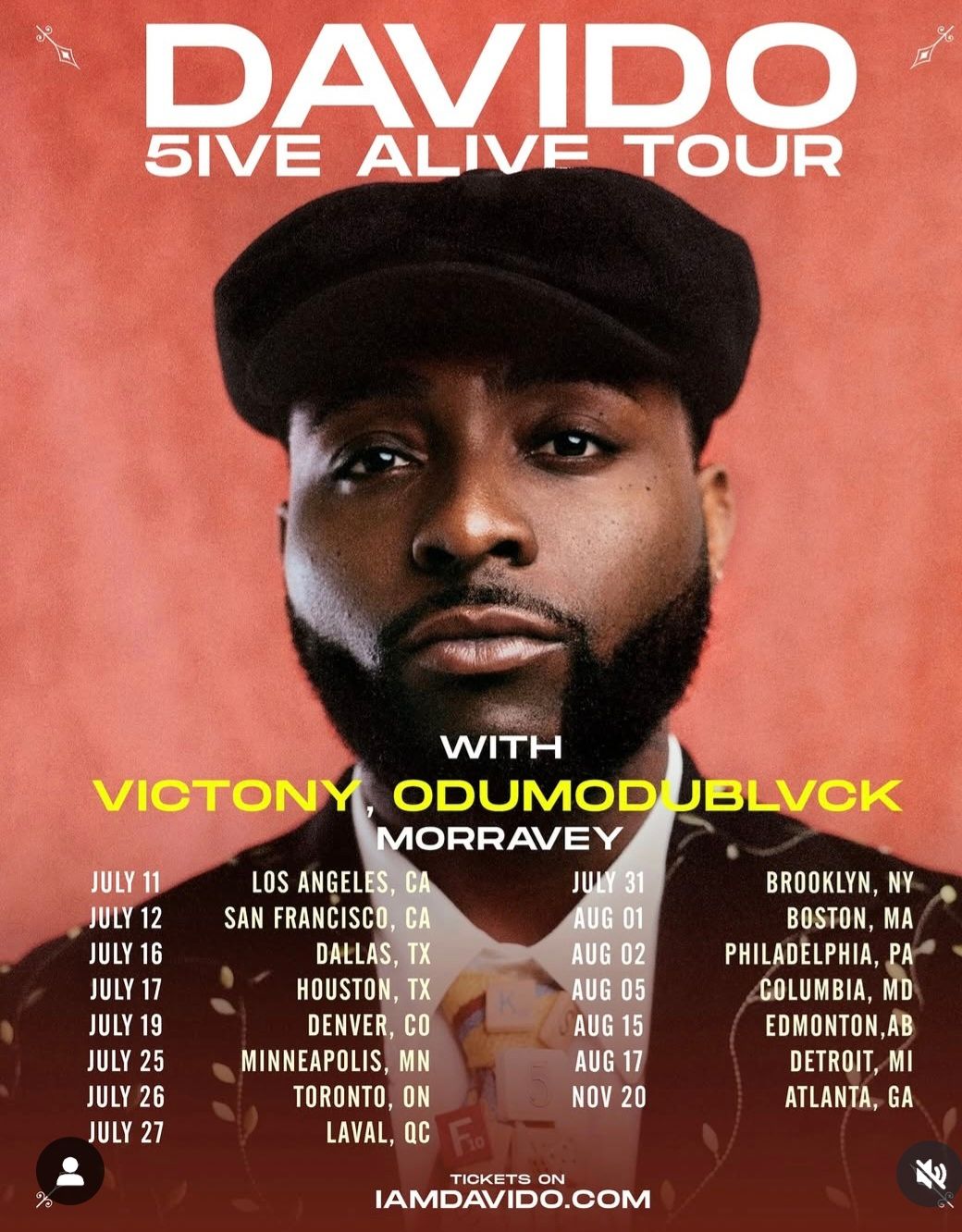 Davido “5ive Alive Tour” poster with portrait and tour dates/cities on a coral background