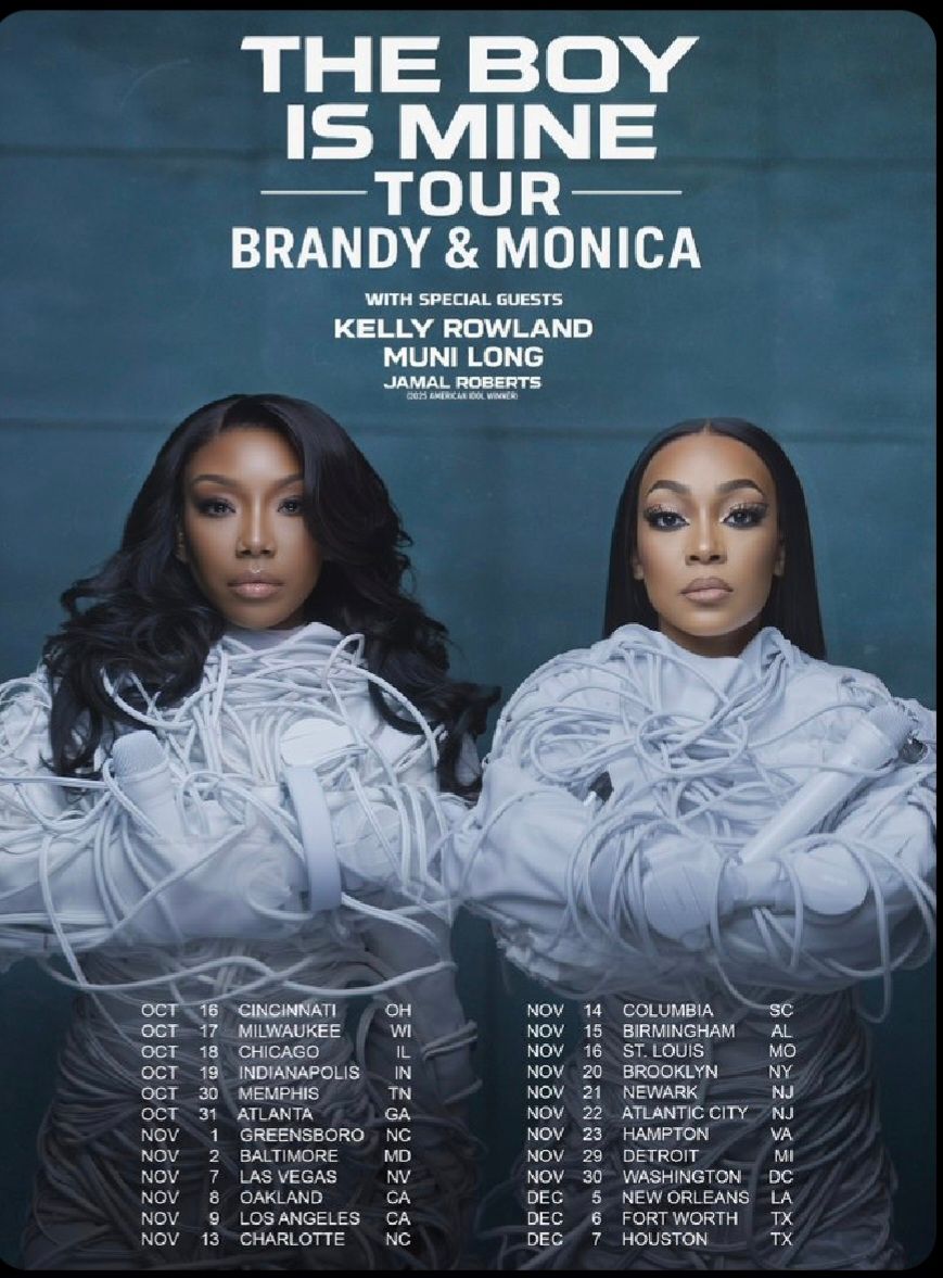 “The Boy Is Mine” tour poster featuring Brandy, Monica, and a concert date list on a dark background
