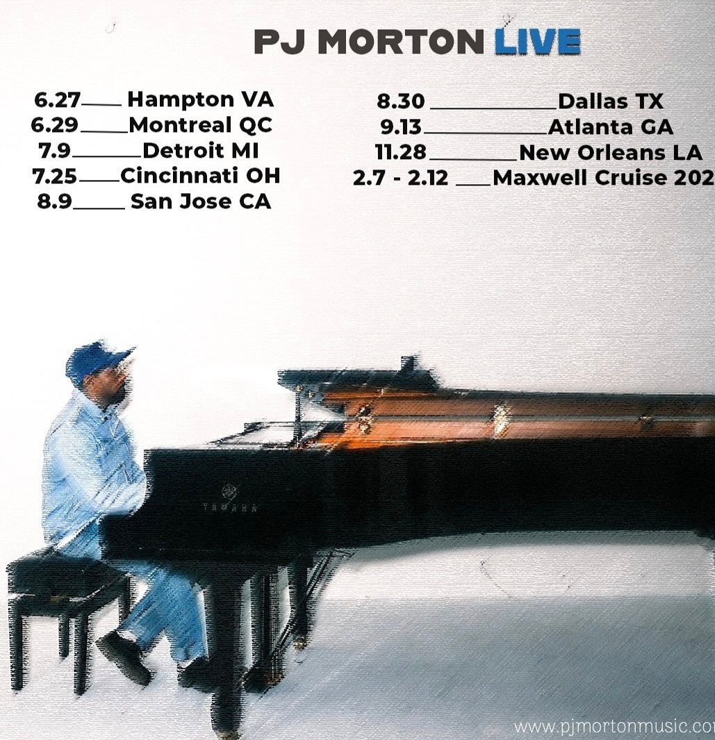 PJ Morton Live tour poster with pianist at grand piano and city dates listed above