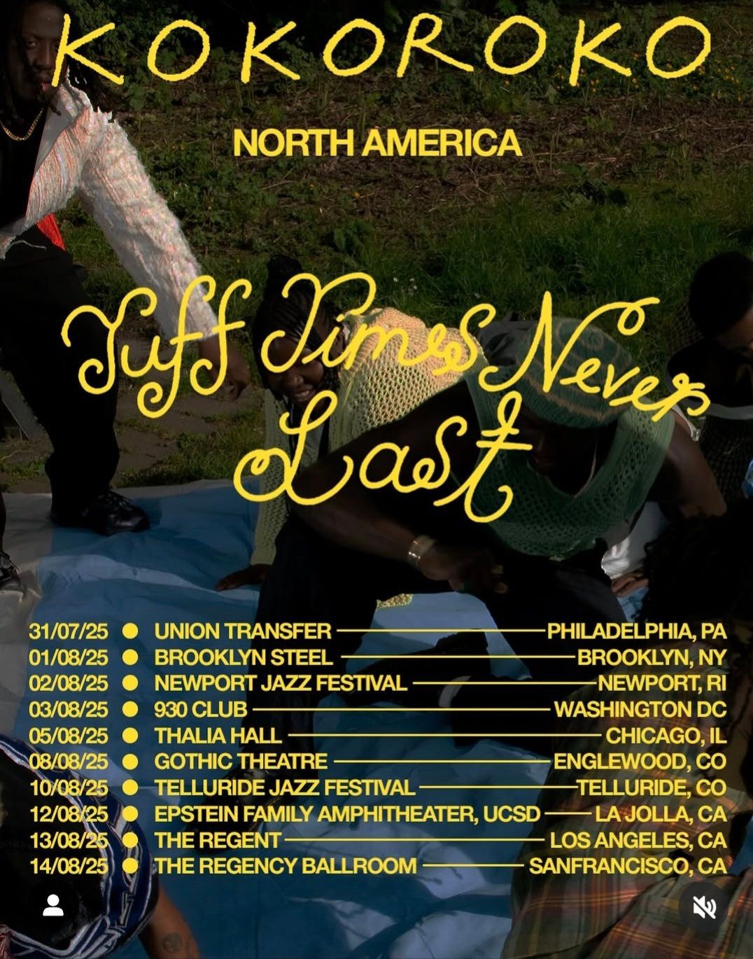 Kokoroko North America tour poster with dates and venues in yellow text over a dark performance photo