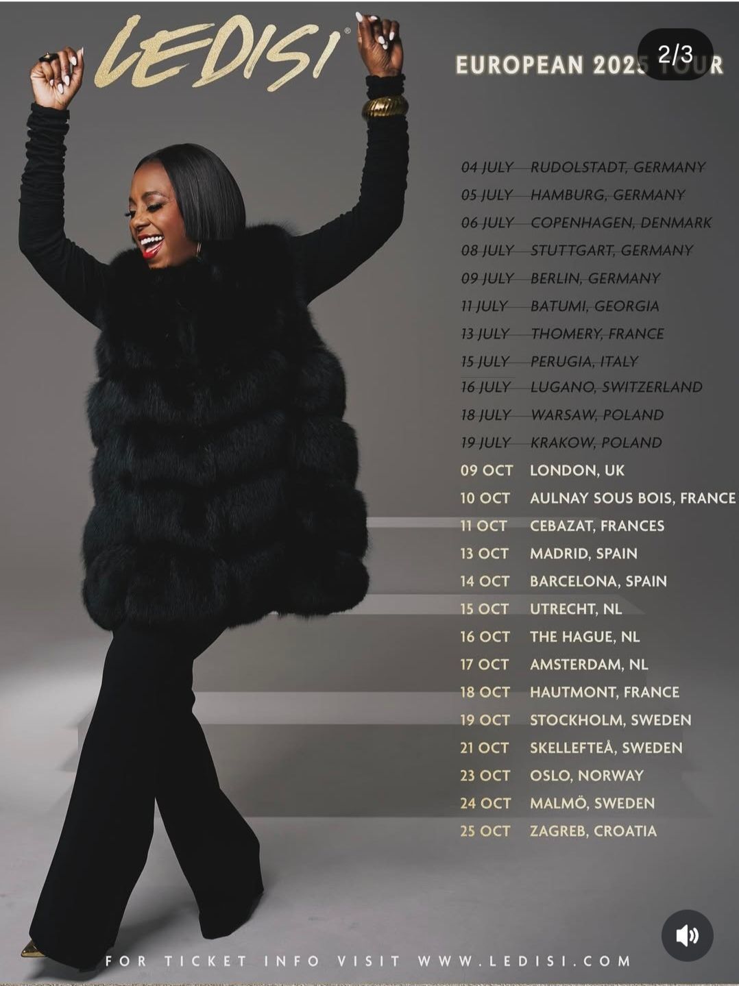 Tour poster of a performer in a black outfit with arms raised, featuring the “VEDISI” European tour dates.