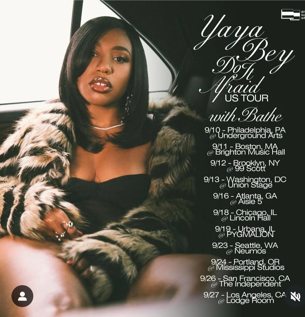 Concert poster for Yaya Bey’s “Do It Afraid” tour, featuring a seated portrait and tour dates.