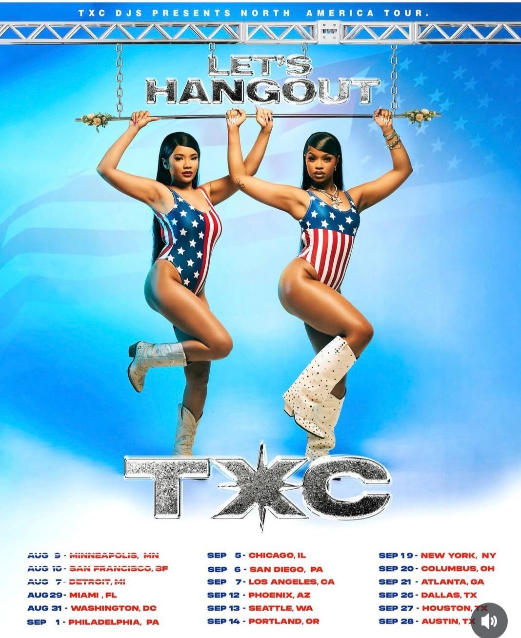 Promotional poster for TLC’s “The Hangout” with two women in patriotic swimsuits posing against a blue sky.