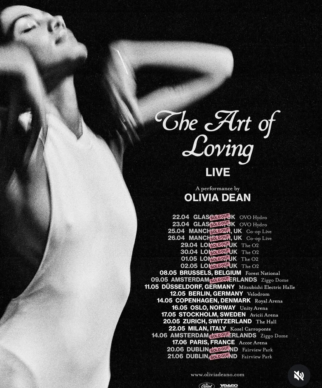 Black-and-white poster of a dancer with the text “The Art of Loving Live” and “Olivia Dean.”