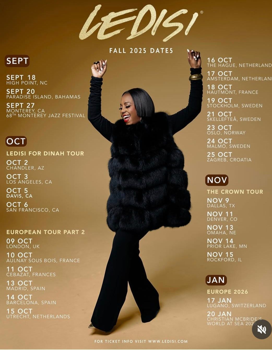 Liedsi Fall 2025 tour dates poster with artist posing in a black outfit and fur vest