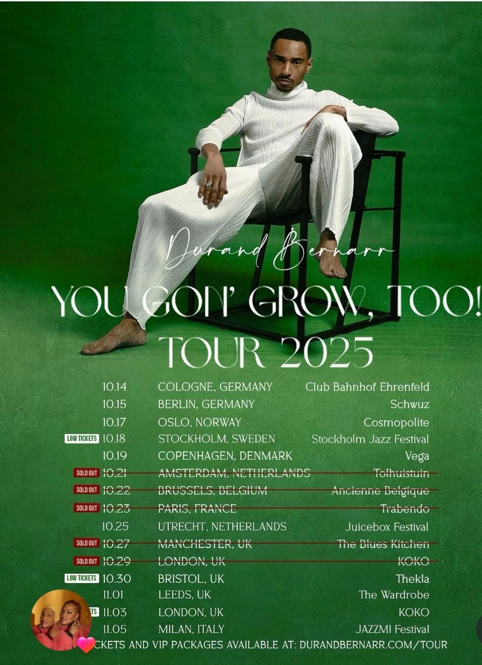 Man lounging on a white chair against a green backdrop with “You Got Grow Tour 2025” text.
