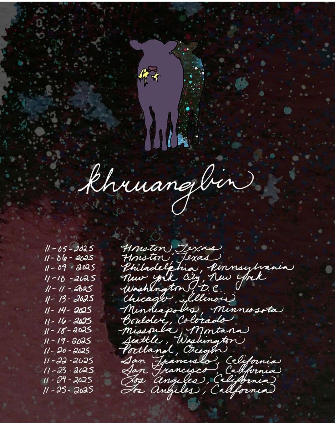 Dark poster with a purple cat illustration and handwritten white text on a speckled black background