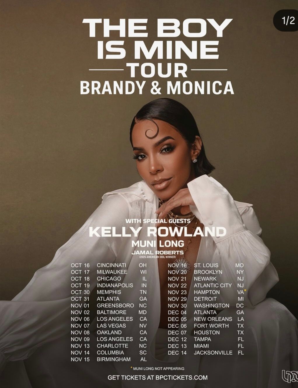 The Boy Is Mine Tour poster featuring Brandy, Monica, Kelly Rowland and Muni Long with tour dates.