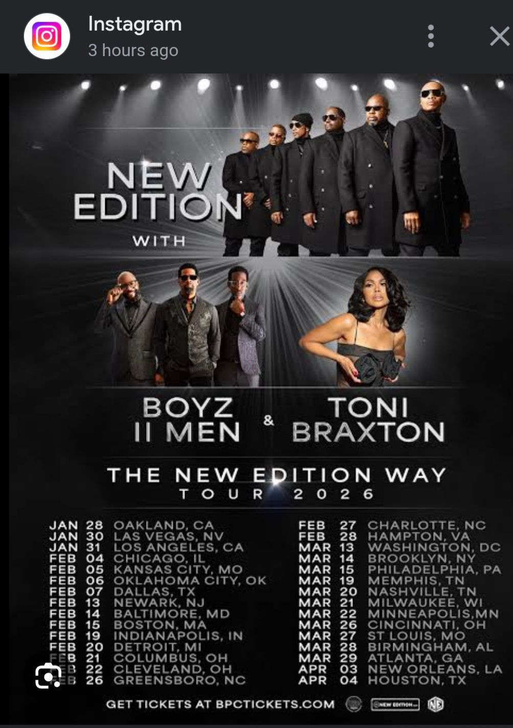 New Edition concert promo with Boyz II Men and Toni Braxton, black-and-white tour dates poster