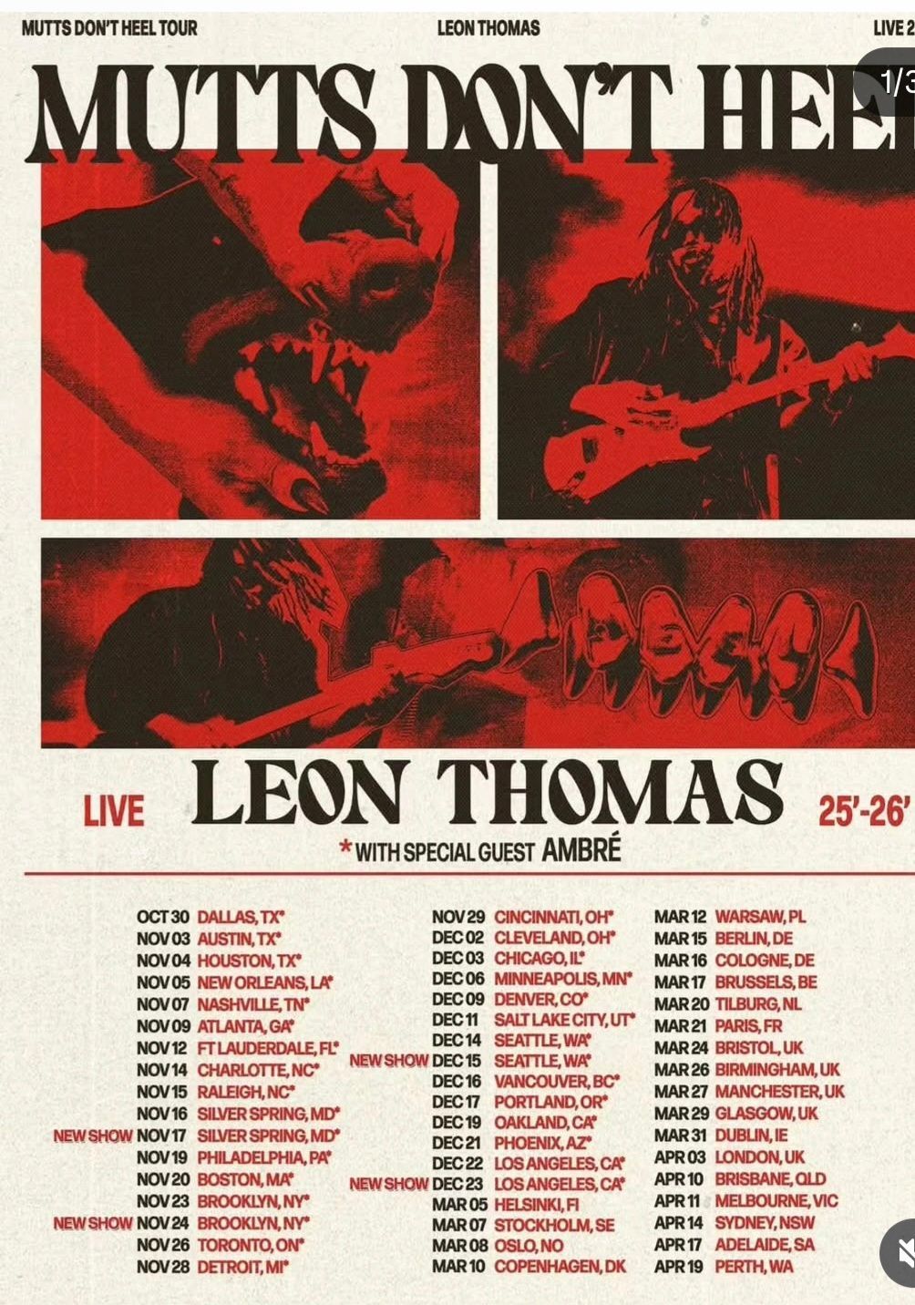 Red-and-black vintage concert poster for Mutts Don't Heel, featuring Leon Thomas with performance details.