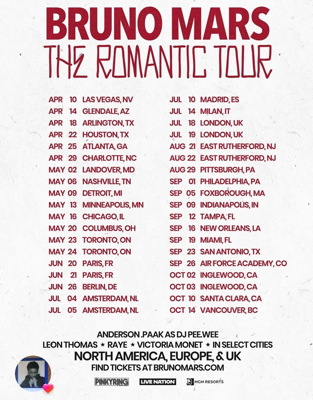 Bruno Mars “The Romantic Tour” poster with red title and a city/date list on white background.