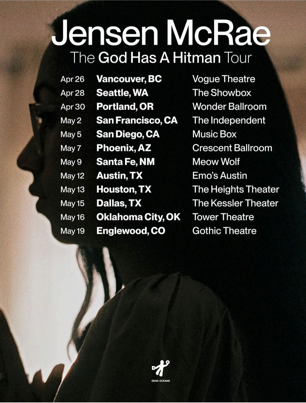 Jensen McRae tour poster listing dates and venues over a dark stage-lit photo background