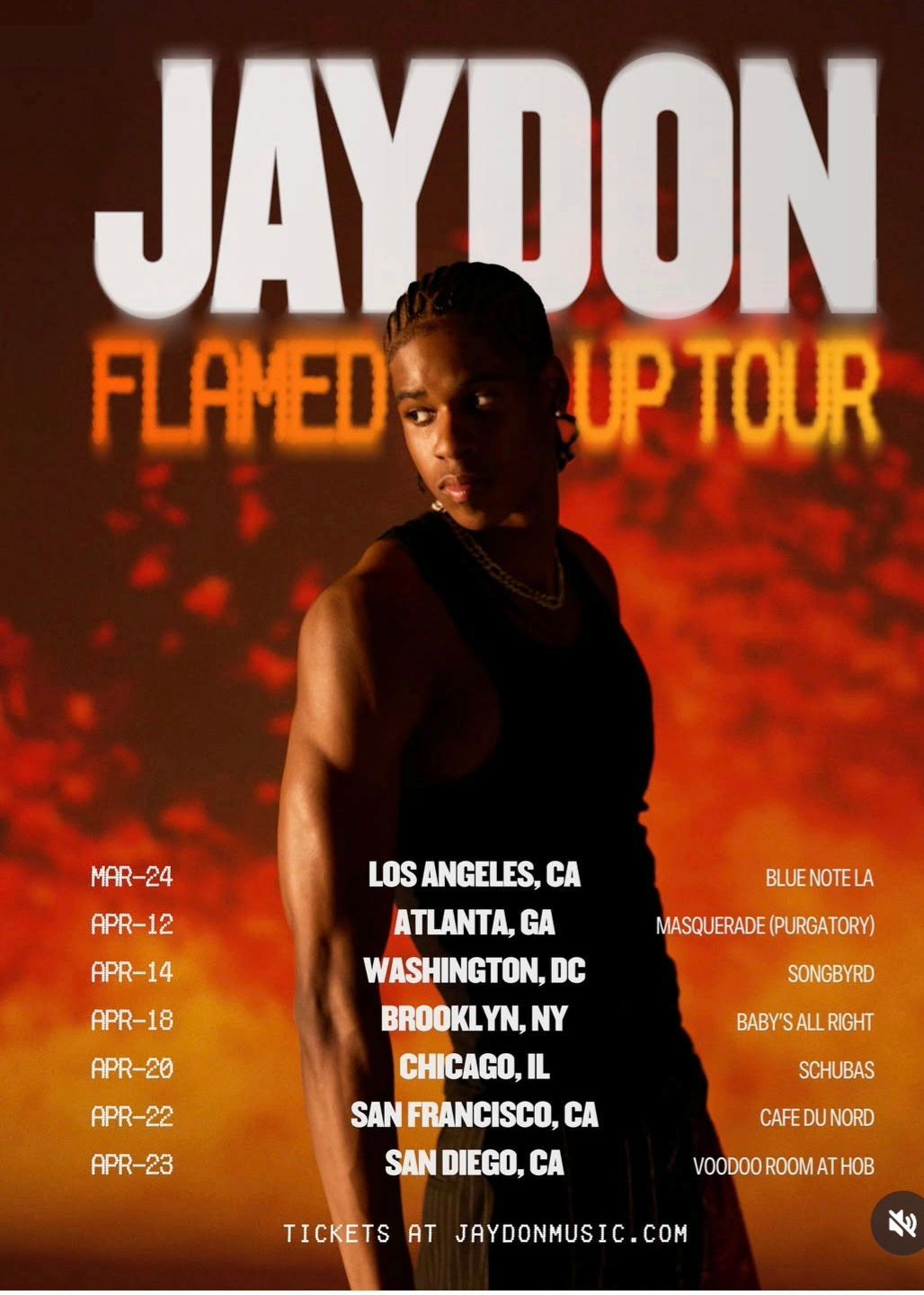 JAYDON “Flamed Up Tour” poster with a performer, fiery red background, and tour dates/cities listed