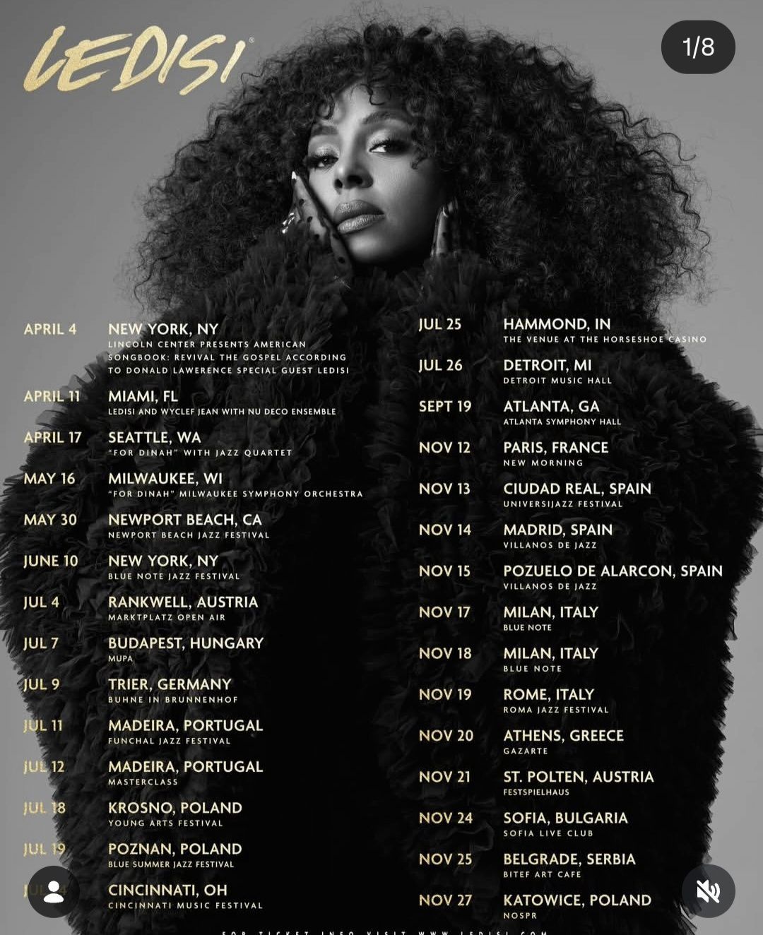 Poster of a curly-haired singer with tour dates listed on both sides, in black and beige.