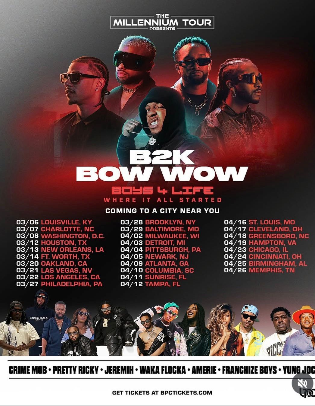 B2K Bow Wow Millennium Tour poster with dates, cities, and artist lineup on a dark red background