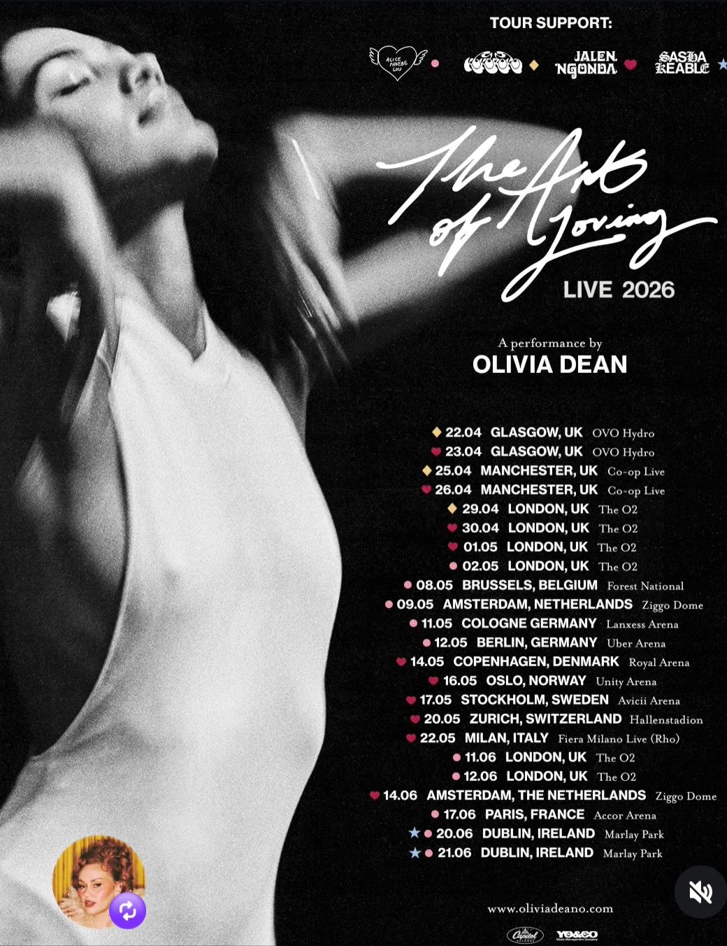 Olivia Dean “The Art of Loving” Live 2026 tour poster with black-and-white portrait and city dates