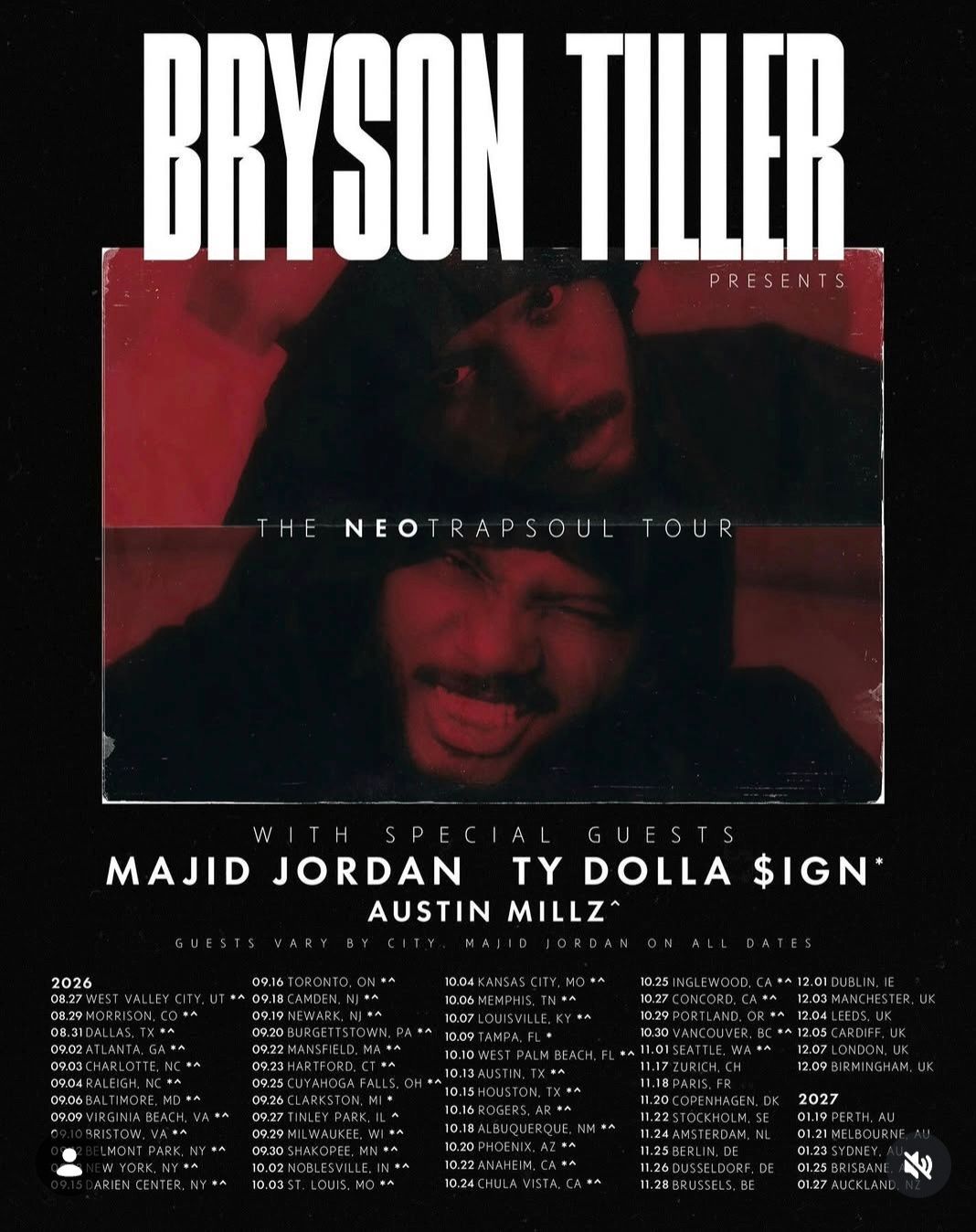 Bryson Tiller concert poster with red-and-black design and tour dates listed below