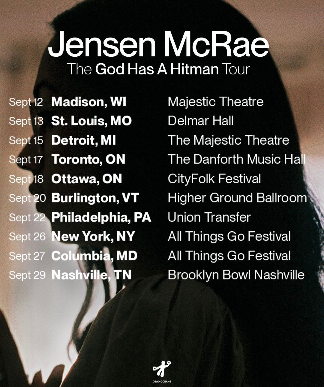 Jensen McRae “The God Has A High Tea Tour” poster with Sept–Oct U.S. city dates and venues