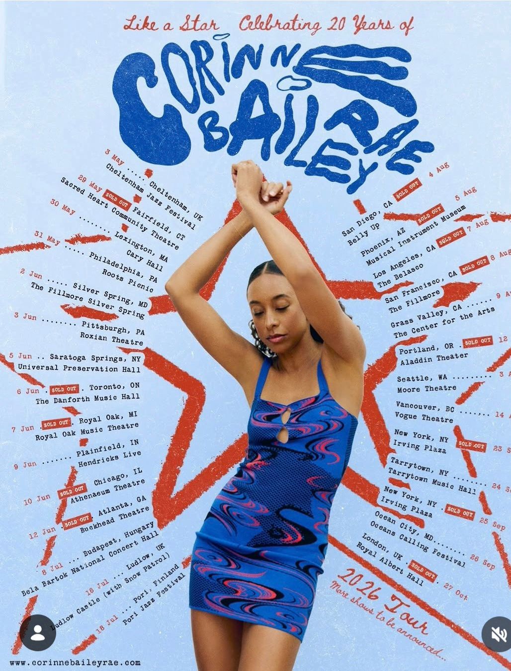 Poster of a woman posing in a blue patterned dress against a white background with red text and graphics