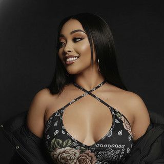 Smiling woman in a black floral halter top against a dark background