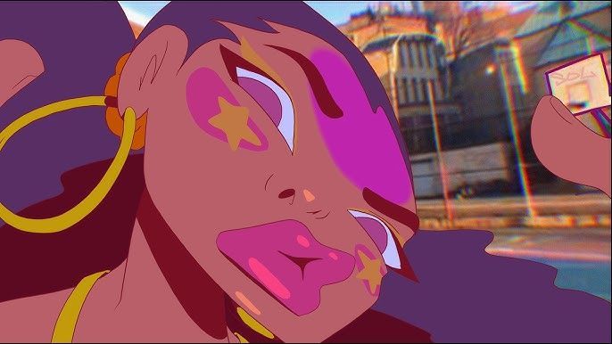 Stylized close-up of a woman with star face paint and pink hair, city street blurred in the background
