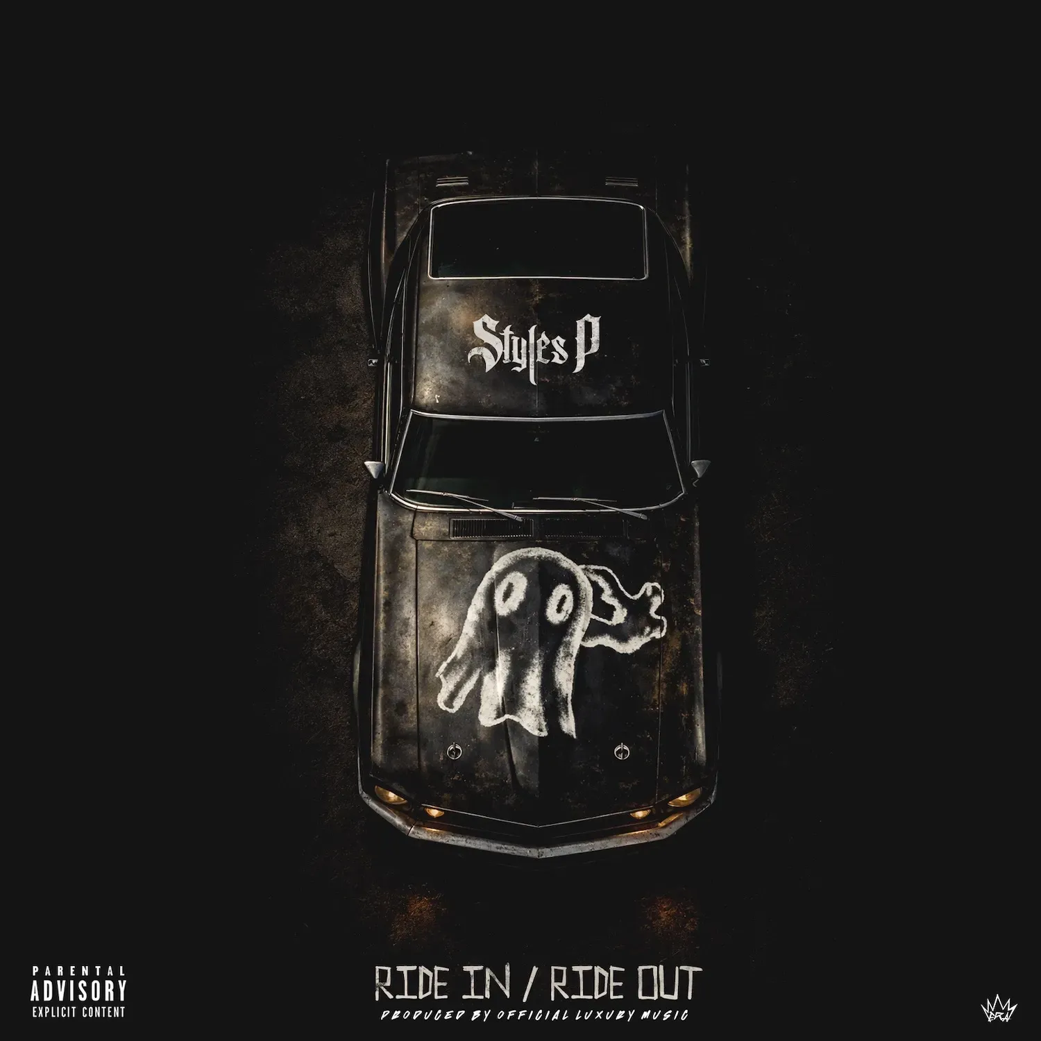 Dark album cover with a black car front, ghost doodle, and the text “Ride In / Ride Out.”