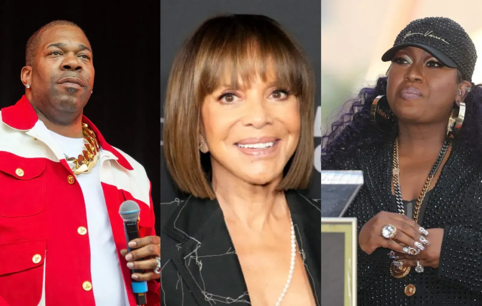 Three portrait photos of celebrities side by side, including one in a red jacket and one in a black cap.