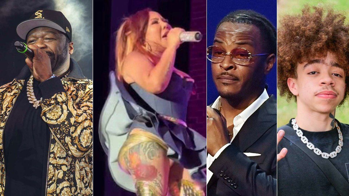 Four performers in close-up: a rapper singing, a blonde singer, a man in sunglasses, and a curly-haired youth.