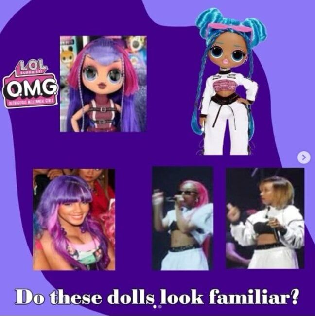 Meme comparing LOL OMG dolls with colorful wigs to three performers in matching outfits, asking if they look familiar