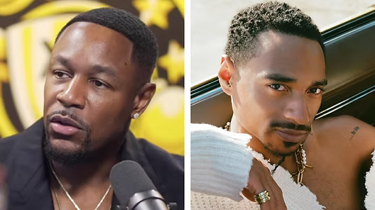 Two side-by-side portraits of men, one speaking into a microphone and one posing in a car.