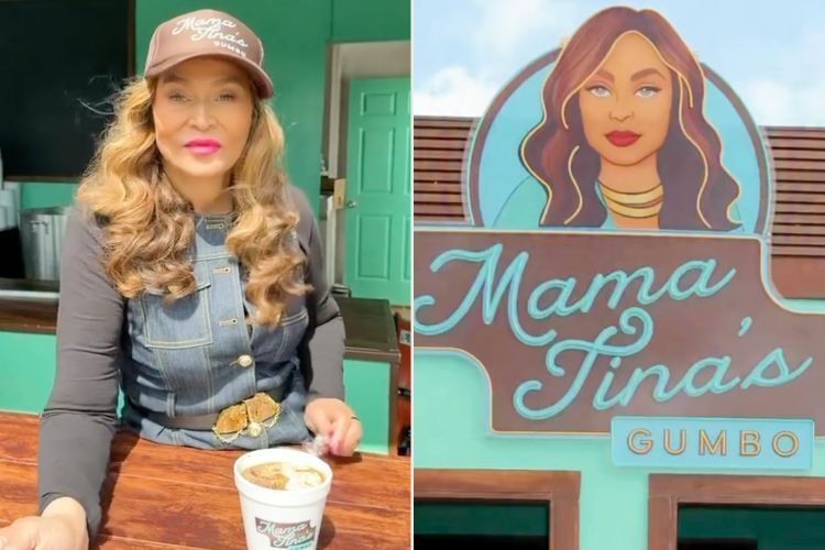 Woman in brown cap and denim jacket holding a cup beside the Mama Tina’s Gumbo sign.