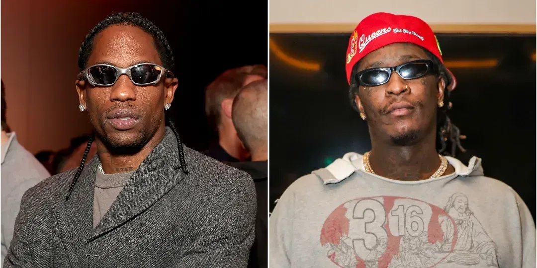 Two side-by-side portraits of a man wearing sunglasses, one in a gray jacket and one in a red cap and white shirt.