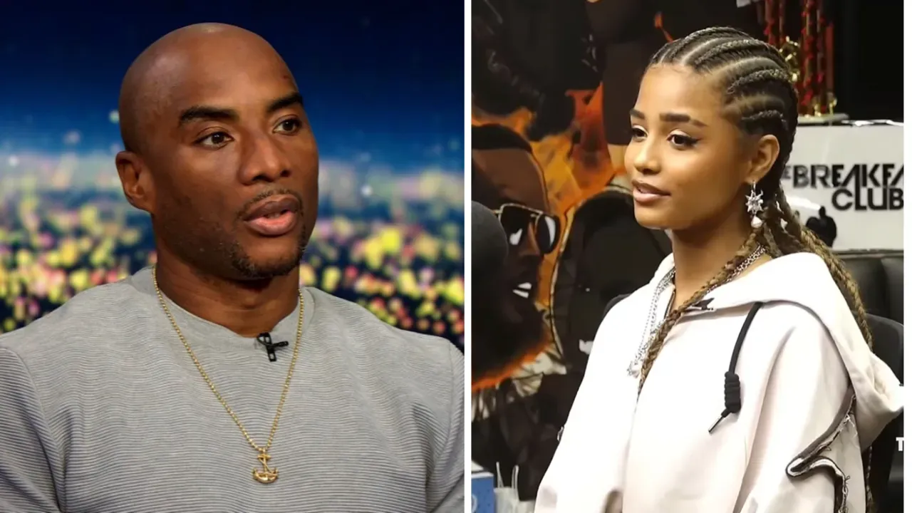 Two side-by-side portraits of celebrities: a bald man in a gray sweater and a woman with braids in a white hoodie.