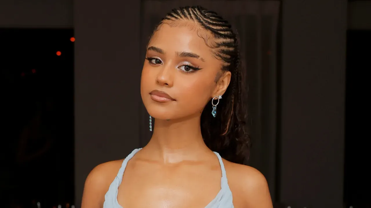Portrait of a woman with braided hair wearing a light blue top, looking at the camera.