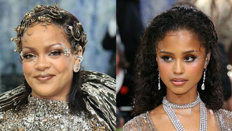 Side-by-side close-up portraits of the same woman in shimmering silver attire, wearing jewelry and formal makeup.