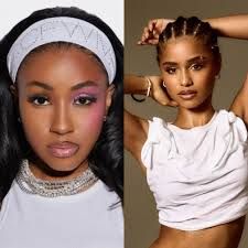 Split-screen of two women posing in white tops, one with a headband and necklaces, the other with braided hair.