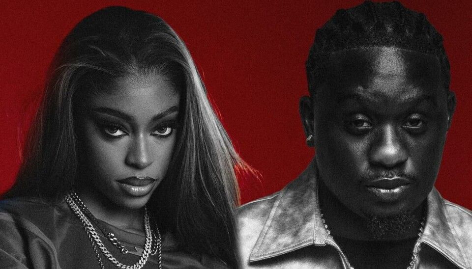 Two black-and-white portrait-style faces against a red background, one female-presenting and one male-presenting.