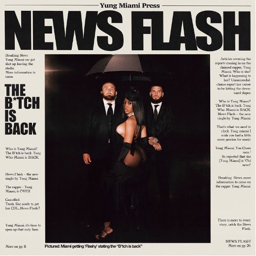 Tabloid cover with large “NEWS FLASH” headline and a nightclub-style photo of a woman with two men in suits