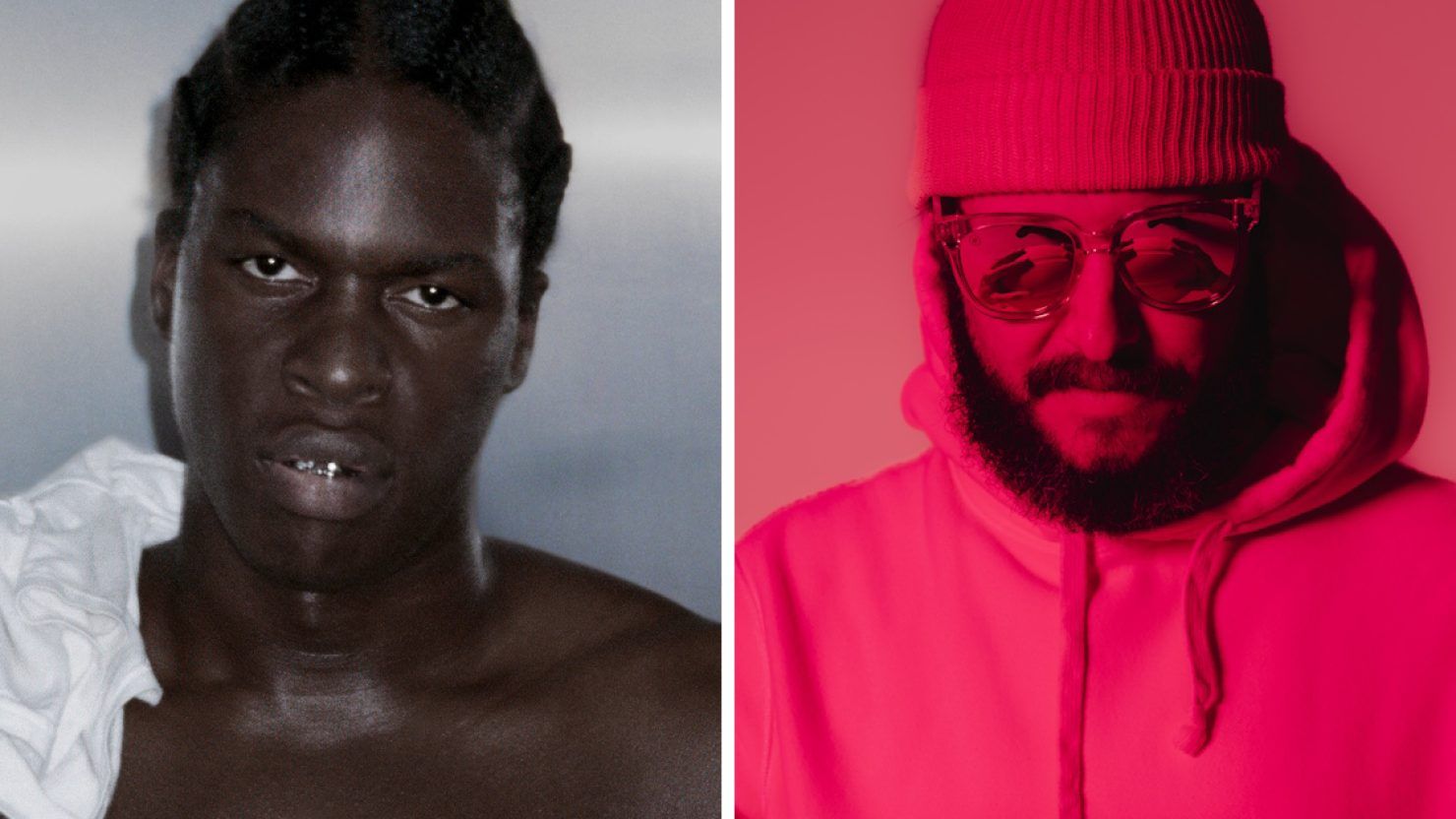 Side-by-side portraits: serious shirtless man on gray, and bearded man in glasses and hoodie under pink light