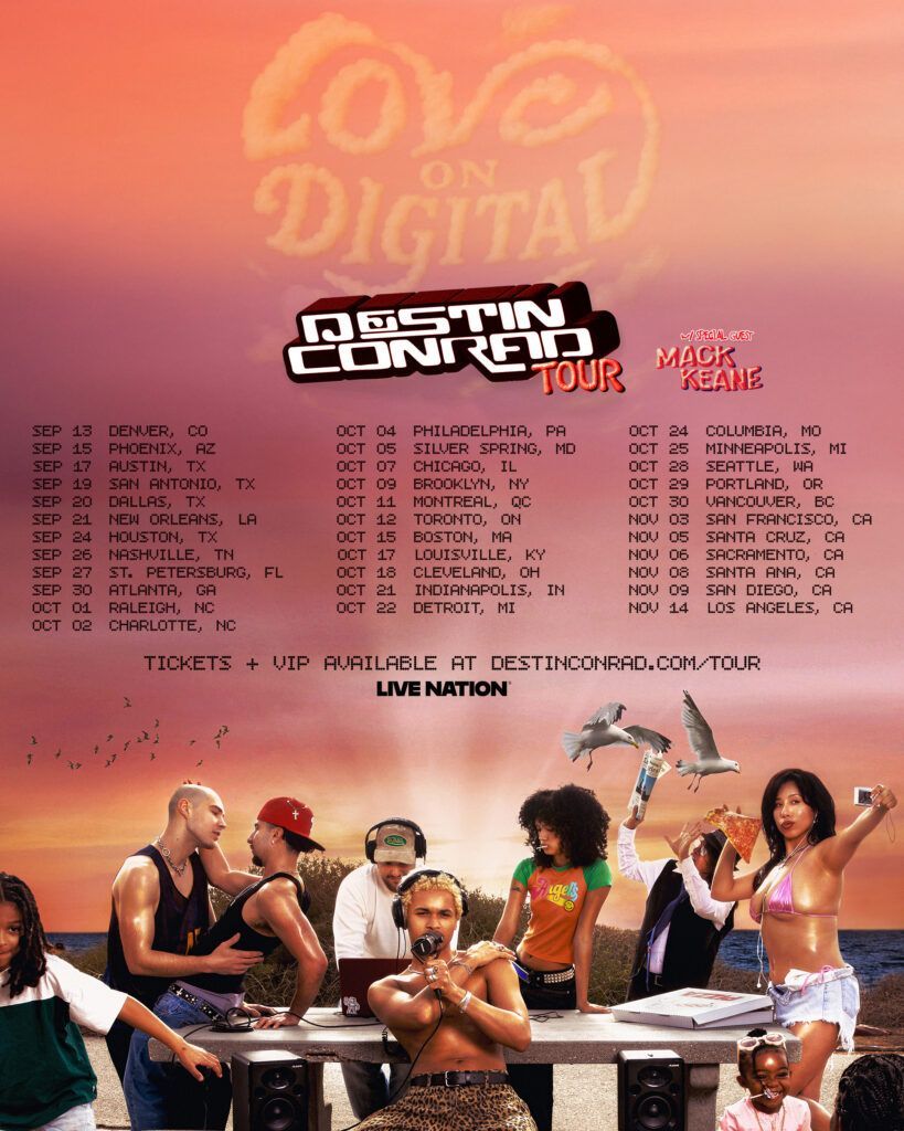 Concert tour poster with pink background, bold title, performer names, and a group dancing at the bottom.