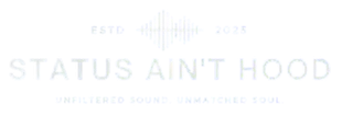 Pale pink event poster with large “STATUS AIN’T HOOD” text and faint smaller wording above and below