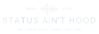 Pale pink event poster with large “STATUS AIN’T HOOD” text and faint smaller wording above and below