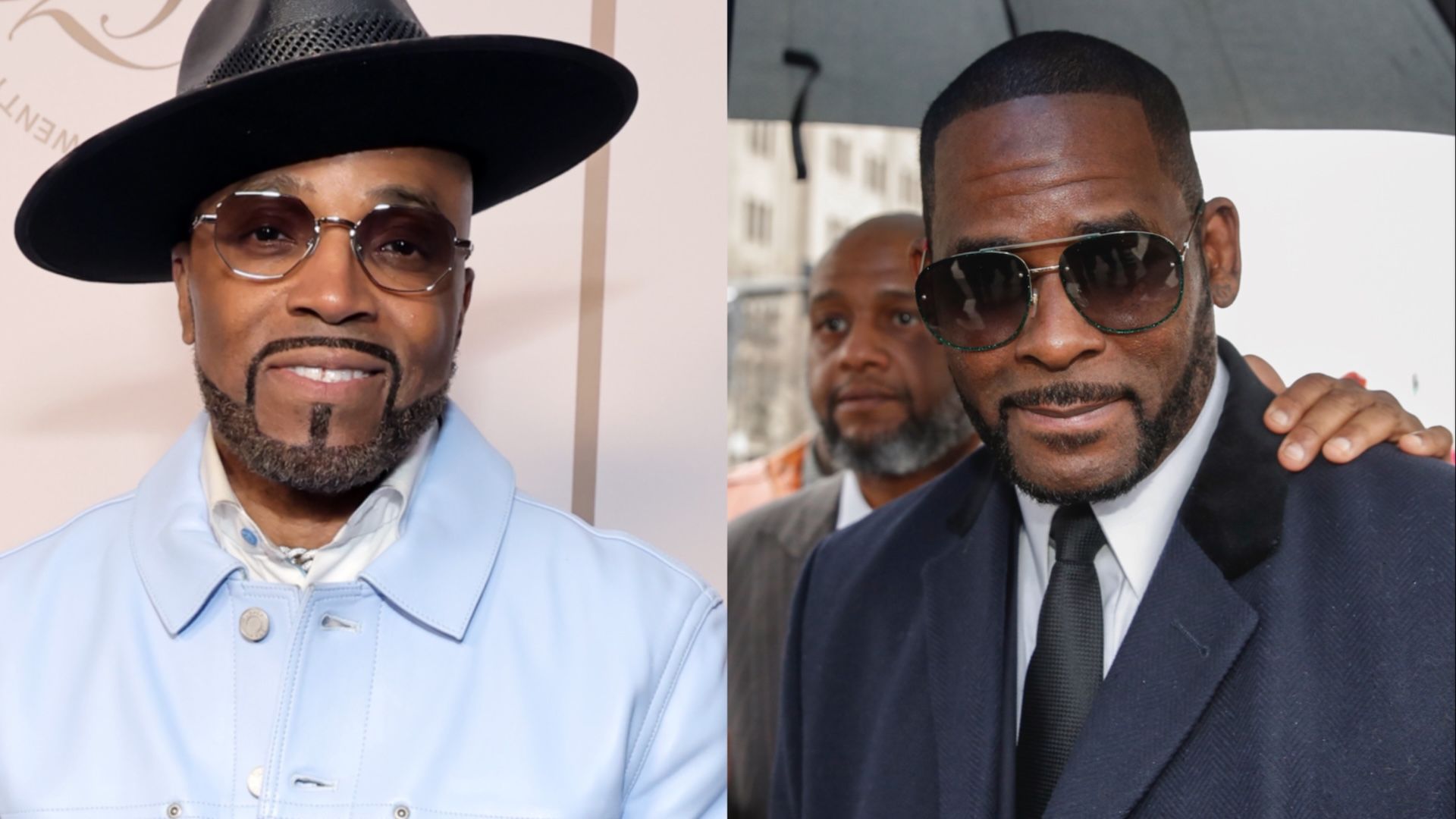 Two men in stylish suits and sunglasses posing at a formal event, one wearing a wide-brim hat.