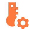 Une icône de clé et d'engrenage orange sur fond blanc.