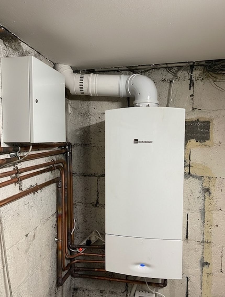 Une chaudière blanche est suspendue au plafond d'une pièce.